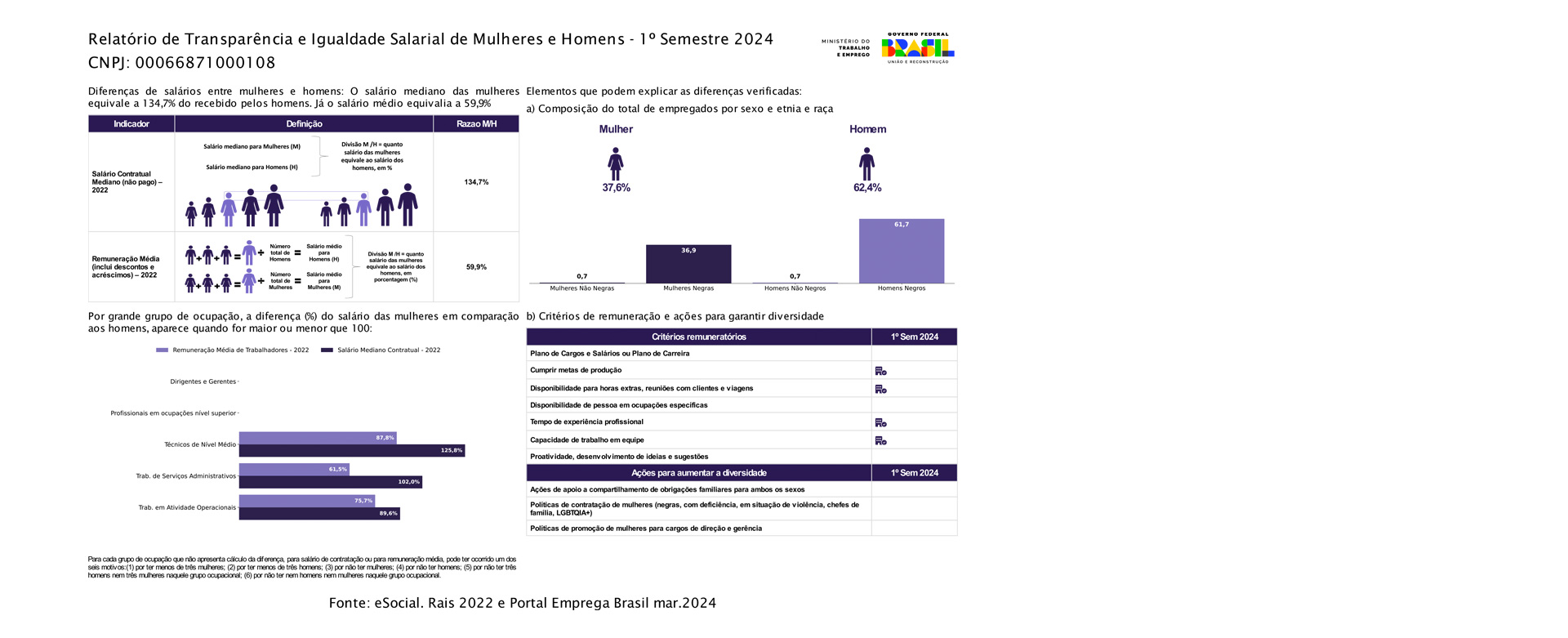 Relatório de Transparência e Igualdade Salarial de Mulheres e Homens - 1° semestre 2024